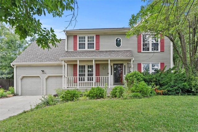 15320 W 92nd Pl, Lenexa, KS 66219 - traditional-style house with a porch, an attached garage, a front lawn, and driveway