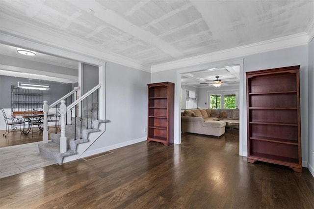 15320 W 92nd Pl, Lenexa, KS 66219 - living room featuring wood finished floors, ceiling fan, stairs, and ornamental molding