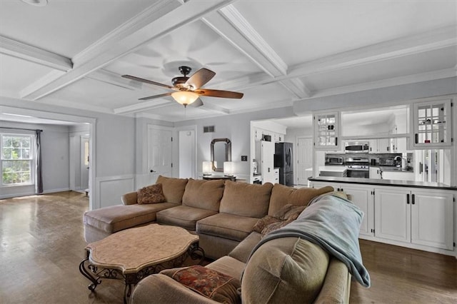 15320 W 92nd Pl, Lenexa, KS 66219 - living room with coffered ceiling, dark wood-style floors, crown molding, beam ceiling, and ceiling fan
