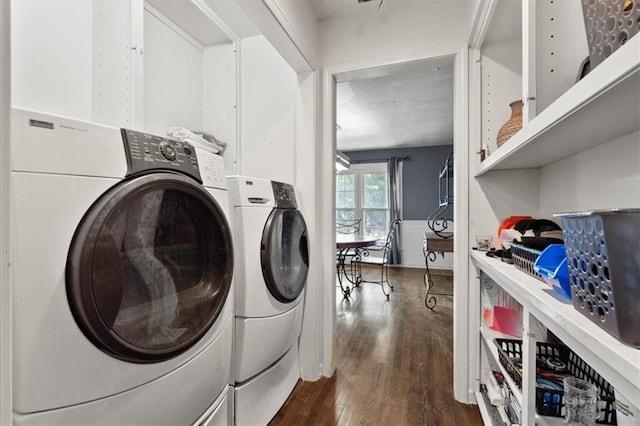 15320 W 92nd Pl, Lenexa, KS 66219 - laundry area with washer and clothes dryer and dark wood-type flooring