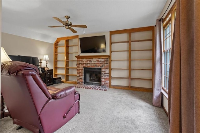 15320 W 92nd Pl, Lenexa, KS 66219 - carpeted living room with healthy amount of natural light, ceiling fan, and a fireplace