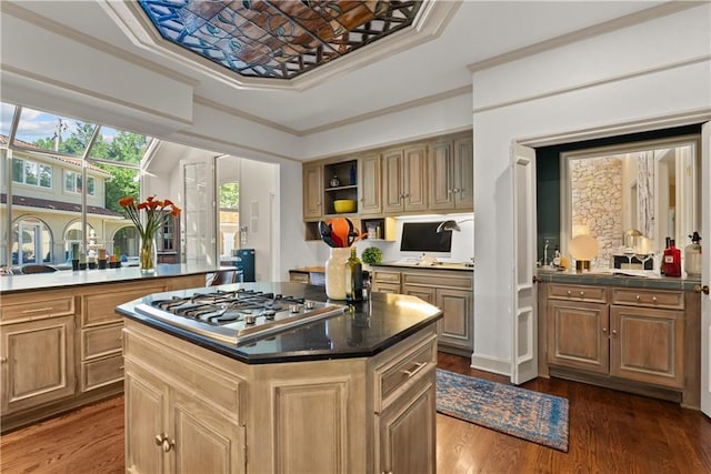5212 W 98th Ter, Overland Park, KS 66207 - kitchen with stainless steel gas stovetop, a tray ceiling, dark wood-style flooring, a kitchen island, and open shelves