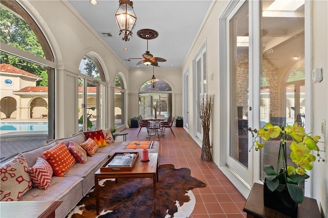 5212 W 98th Ter, Overland Park, KS 66207 - sunroom / solarium with french doors, crown molding, tile patterned flooring, a chandelier, and recessed lighting