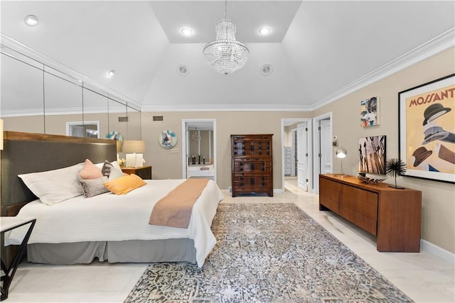 5212 W 98th Ter, Overland Park, KS 66207 - bedroom featuring a chandelier, vaulted ceiling, crown molding, and connected bathroom