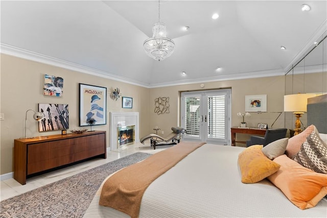 5212 W 98th Ter, Overland Park, KS 66207 - bedroom with access to outside, crown molding, lofted ceiling, a chandelier, and french doors