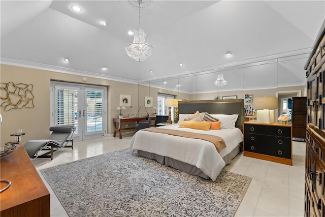 5212 W 98th Ter, Overland Park, KS 66207 - bedroom with access to outside, ornamental molding, french doors, a chandelier, and recessed lighting