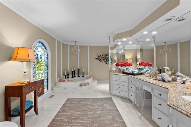 5212 W 98th Ter, Overland Park, KS 66207 - full bathroom featuring crown molding, a chandelier, vanity, tile patterned floors, and a bath