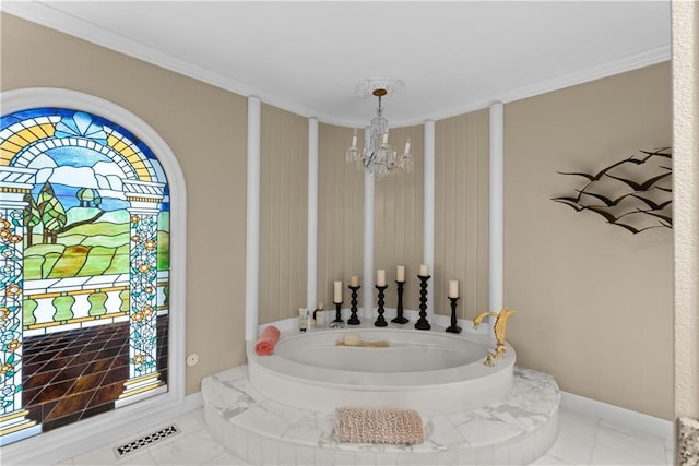 5212 W 98th Ter, Overland Park, KS 66207 - full bath with a chandelier, ornamental molding, a bath, and marble finish floors