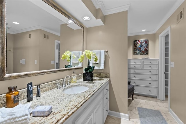 5212 W 98th Ter, Overland Park, KS 66207 - full bath featuring vanity, ornamental molding, a spacious closet, and recessed lighting