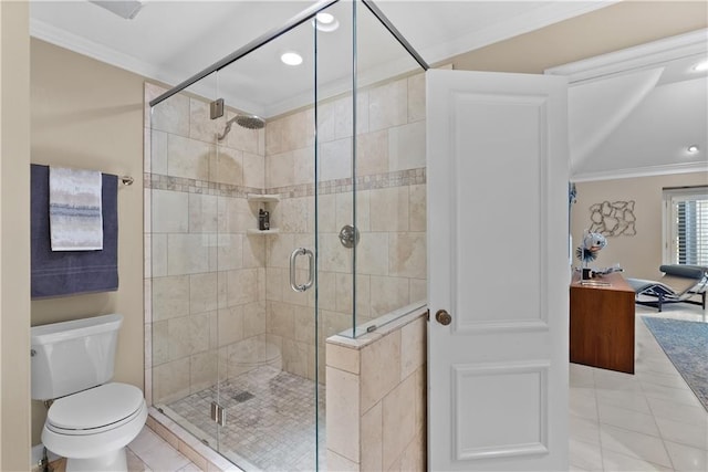 5212 W 98th Ter, Overland Park, KS 66207 - full bath with crown molding, tile patterned flooring, a shower stall, and recessed lighting