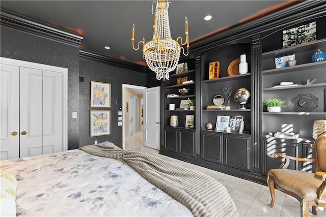 5212 W 98th Ter, Overland Park, KS 66207 - tiled bedroom featuring ornamental molding, a chandelier, a closet, a textured wall, and recessed lighting