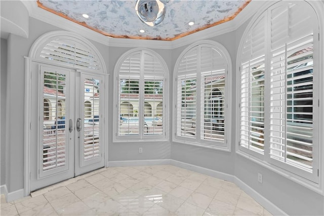 5212 W 98th Ter, Overland Park, KS 66207 - unfurnished dining area featuring healthy amount of natural light, ornamental molding, french doors, and recessed lighting