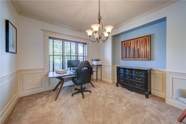 10963 S Carbondale St, Olathe, KS 66061 - carpeted home office with a decorative wall, ornamental molding, a chandelier, and wainscoting