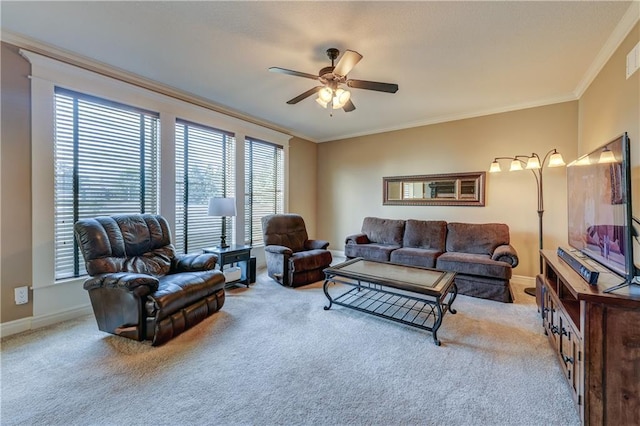 10963 S Carbondale St, Olathe, KS 66061 - living area with carpet floors, ornamental molding, and a ceiling fan