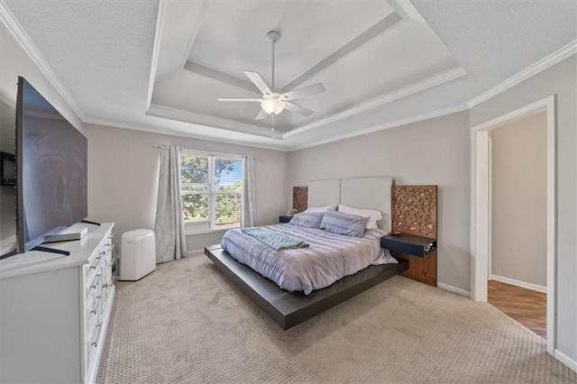 2312 SW Post Oak Ct, Lees Summit, MO 64082 - bedroom featuring a raised ceiling, light carpet, crown molding, and a ceiling fan