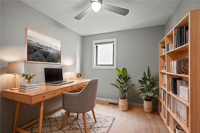 1303 W 47th St, Kansas City, MO 64112 - office area featuring ceiling fan and wood finished floors