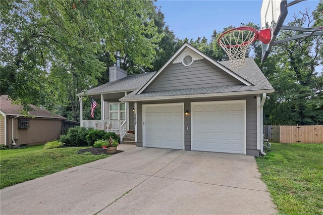 17507 E 35th Ter, Independence, MO 64055 - ranch-style house featuring a shingled roof, a porch, an attached garage, a chimney, and driveway