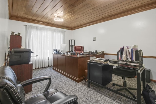 2005 NW Fawn Dr, Blue Springs, MO 64015 - office featuring wood ceiling, carpet flooring, and ornamental molding
