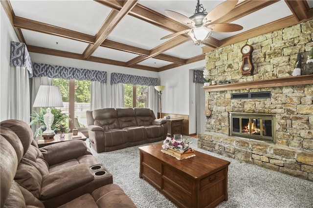 2005 NW Fawn Dr, Blue Springs, MO 64015 - carpeted living room with coffered ceiling, ceiling fan, beam ceiling, a fireplace, and a wainscoted wall