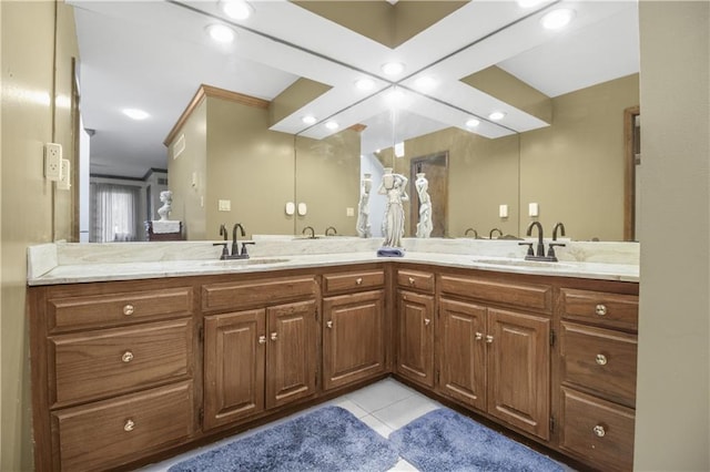 2005 NW Fawn Dr, Blue Springs, MO 64015 - bathroom with double vanity, tile patterned flooring, and recessed lighting