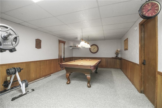 2005 NW Fawn Dr, Blue Springs, MO 64015 - rec room featuring wooden walls, a wainscoted wall, a drop ceiling, pool table, and carpet floors