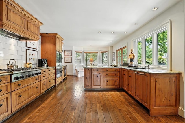 28 Le Mans Ct, Prairie Village, KS 66208 - kitchen featuring stainless steel appliances, dark wood-type flooring, custom exhaust hood, light stone counters, and decorative backsplash