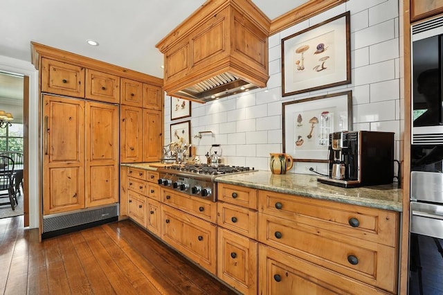 28 Le Mans Ct, Prairie Village, KS 66208 - kitchen with stainless steel appliances, dark wood-style floors, premium range hood, light stone counters, and decorative backsplash