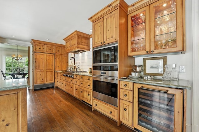 28 Le Mans Ct, Prairie Village, KS 66208 - kitchen featuring wine cooler, stainless steel appliances, dark wood-type flooring, light stone counters, and backsplash