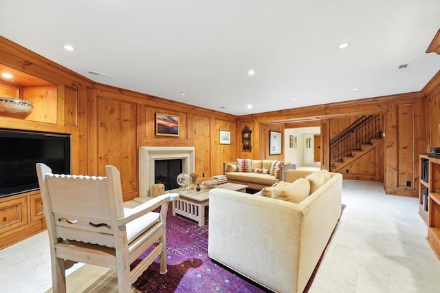 28 Le Mans Ct, Prairie Village, KS 66208 - living room with wooden walls, stairway, and recessed lighting