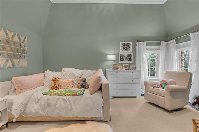 10400 Howe Dr, Leawood, KS 66206 - bedroom featuring carpet floors, high vaulted ceiling, and crown molding