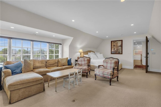 10400 Howe Dr, Leawood, KS 66206 - living room with light carpet, recessed lighting, and lofted ceiling