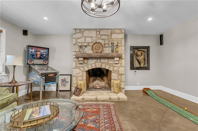 10400 Howe Dr, Leawood, KS 66206 - living area featuring a chandelier, a fireplace, and recessed lighting