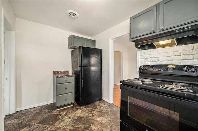 707 N Forest Ave, Independence, MO 64050 - kitchen featuring black appliances, extractor fan, gray cabinetry, and dark stone finish floors