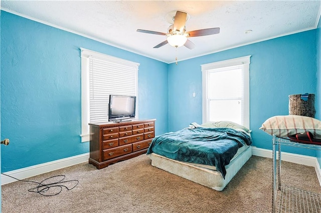 2517 Felix St, Saint Joseph, MO 64501 - carpeted bedroom with crown molding, a textured ceiling, a textured wall, and ceiling fan