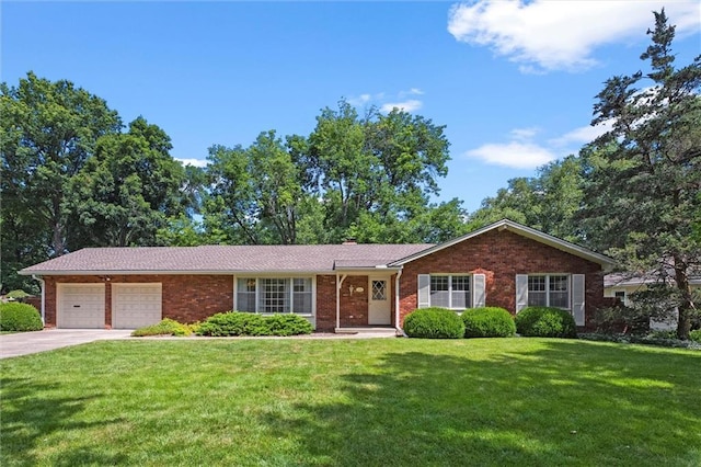 3300 W 93rd St, Leawood, KS 66206 - ranch-style house with a front yard, brick siding, driveway, and a garage