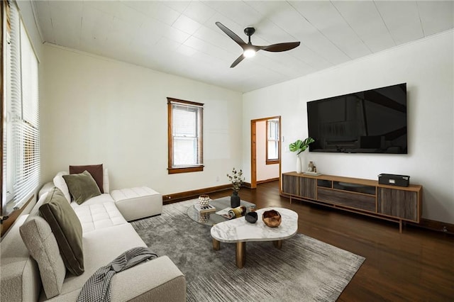 422 N Thompson St, Kansas City, KS 66101 - living area with wood finished floors, a ceiling fan, and crown molding