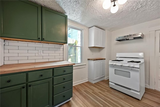 422 N Thompson St, Kansas City, KS 66101 - kitchen featuring green cabinets, white gas stove, under cabinet range hood, butcher block counters, and a textured ceiling