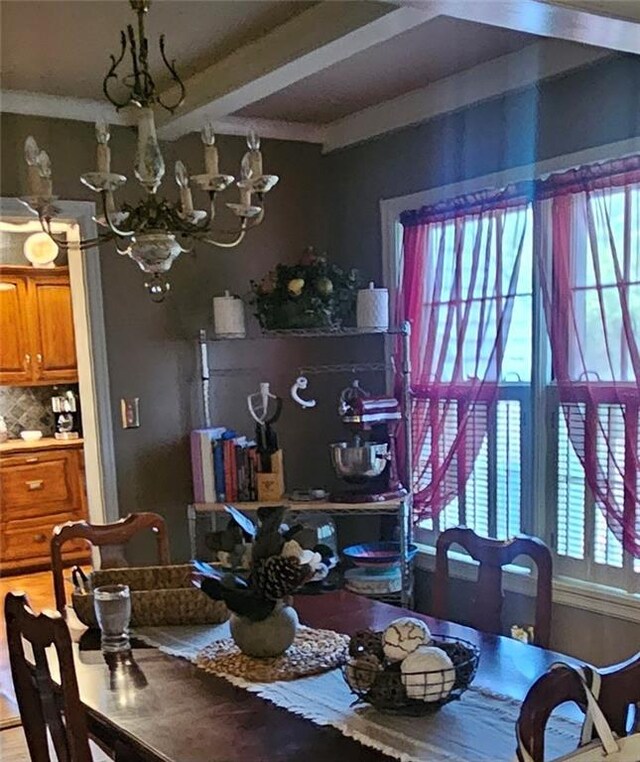 2003 S Elm St, Pittsburg, KS 66762 - dining room featuring a chandelier and beamed ceiling