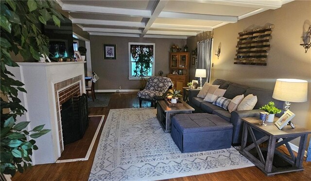 2003 S Elm St, Pittsburg, KS 66762 - living area featuring wood finished floors, coffered ceiling, beamed ceiling, and a tiled fireplace