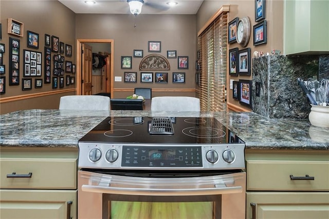 731 E 1100th Rd, Baldwin City, KS 66006 - kitchen with stainless steel electric range, a ceiling fan, and dark stone countertops