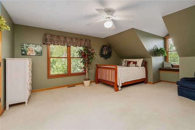 731 E 1100th Rd, Baldwin City, KS 66006 - bedroom featuring light carpet, a ceiling fan, and vaulted ceiling
