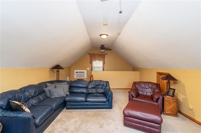 731 E 1100th Rd, Baldwin City, KS 66006 - living room featuring light carpet, vaulted ceiling, and an AC wall unit