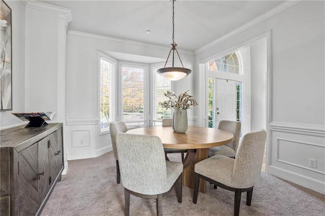 5701 W 146th St, Overland Park, KS 66223 - dining room with ornamental molding, a decorative wall, carpet flooring, and wainscoting