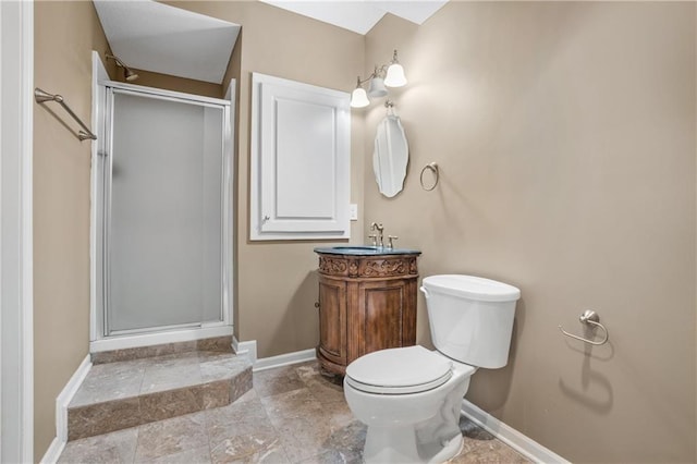 5701 W 146th St, Overland Park, KS 66223 - full bathroom featuring vanity, a stall shower, and stone tile flooring