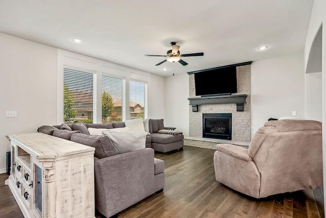 24322 W 58th Cir, Shawnee, KS 66226 - living room featuring ceiling fan, dark wood-type flooring, a fireplace, and recessed lighting