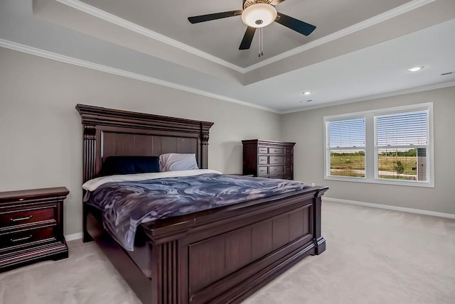 24322 W 58th Cir, Shawnee, KS 66226 - bedroom with light carpet, a tray ceiling, a ceiling fan, crown molding, and recessed lighting
