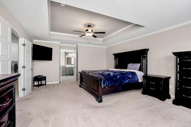 24322 W 58th Cir, Shawnee, KS 66226 - bedroom with a raised ceiling, light carpet, crown molding, and ceiling fan