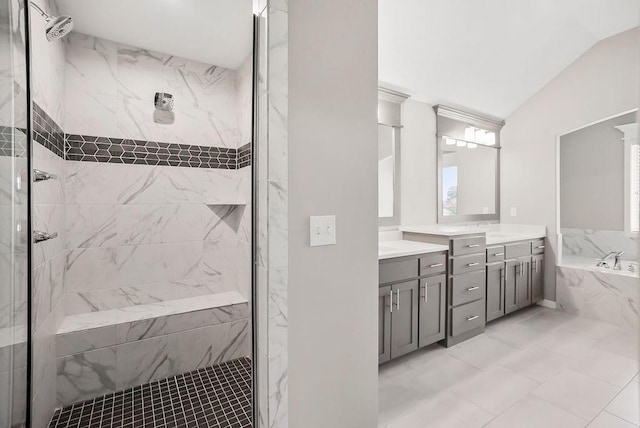 24322 W 58th Cir, Shawnee, KS 66226 - bathroom with a marble finish shower, vanity, a bath, and lofted ceiling