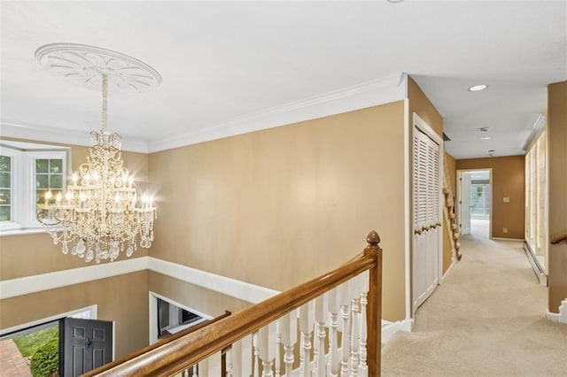 8320 Maplewood Ln, Lenexa, KS 66215 - corridor featuring an upstairs landing, a chandelier, light carpet, recessed lighting, and ornamental molding