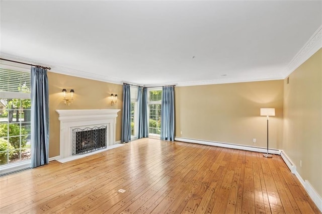 8320 Maplewood Ln, Lenexa, KS 66215 - unfurnished living room with crown molding, light wood-style flooring, a fireplace, and baseboard heating